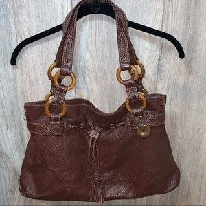 The Sak Pink Label Chocolate Leather Bag Handles Snap Closure Contrast Stitching